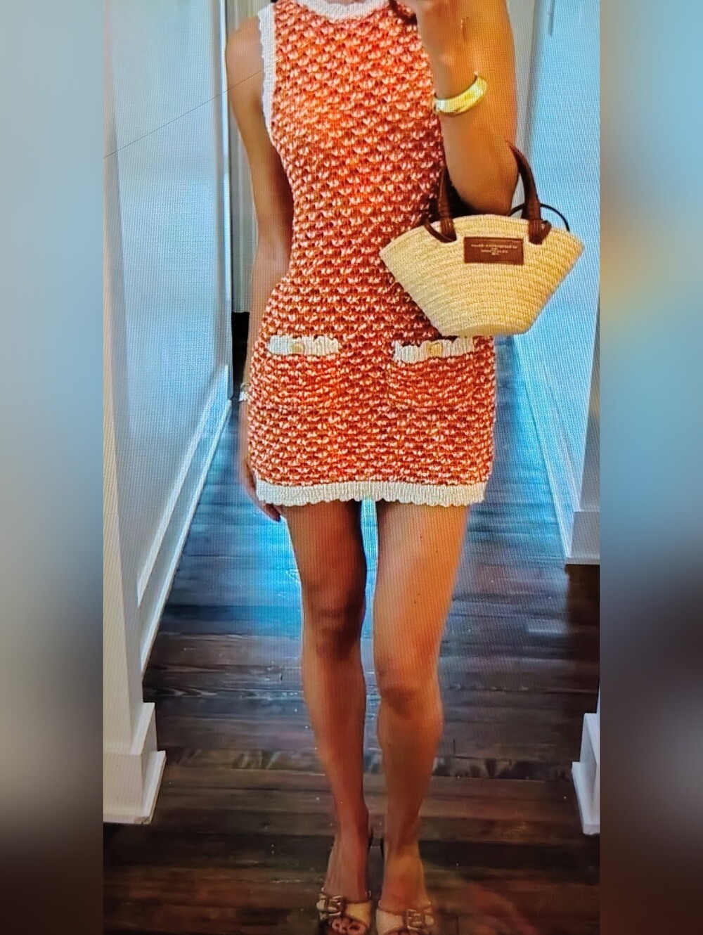 Zara Orange & Cream Crochet Knit Classic Luxe Sleeveless Chic Mini Dress Sz S